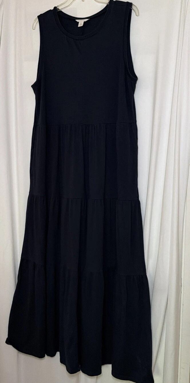 Caslon Womens L Navy Tiered Long Dress Sleeveless Casual Cotton Blend